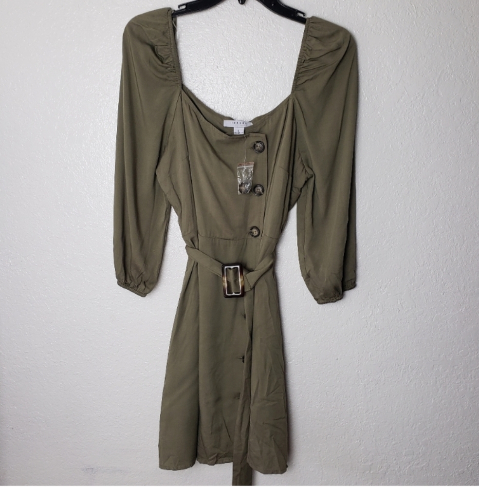 New Retro Olive Green Belted Button Front Peasant Dress Size Large